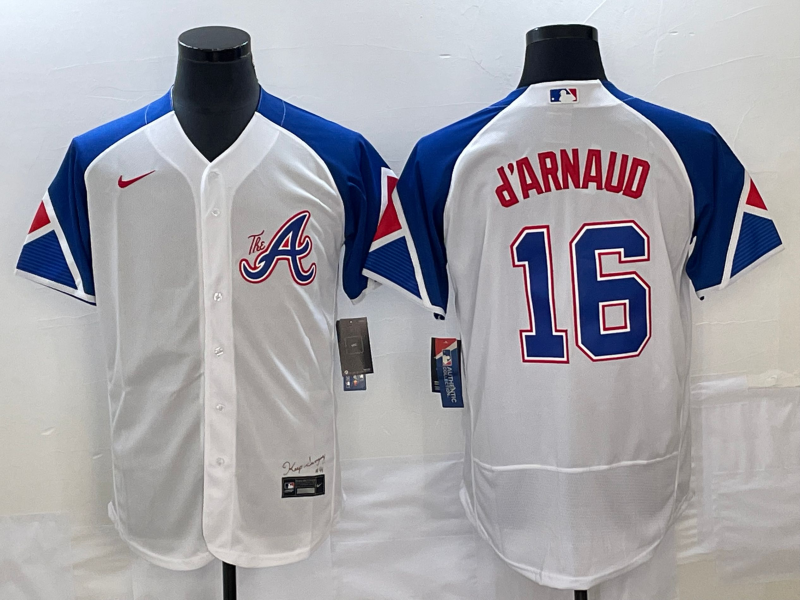 Men's Atlanta Braves #16 Travis d'Arnaud White 2023 City Connect Flex Base Stitched Jersey Men's Atlanta Braves #16 Travis d'Arnaud White 2023 City Connect Flex Base Stitched Jersey